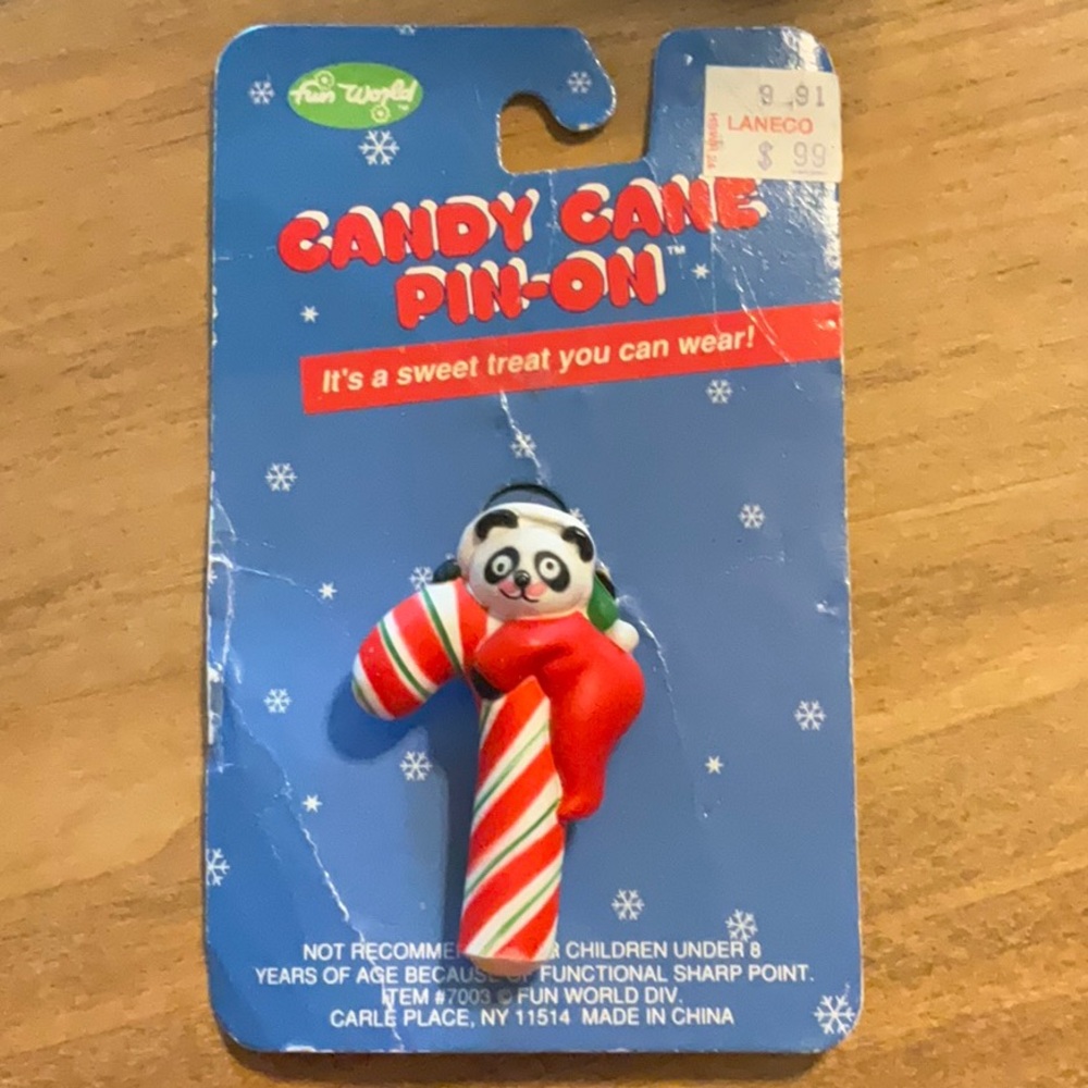 Vintage Fun World Festive Candy Cane Panda Bear 1980's Christmas Pin
